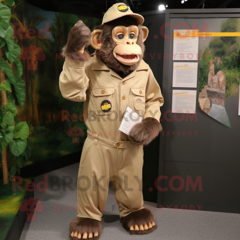 Tan Chimpanzee mascot costume character dressed with a Overalls and Lapel pins Tan Chimpanzee mascot costume character dressed with a Overalls and Lapel pins