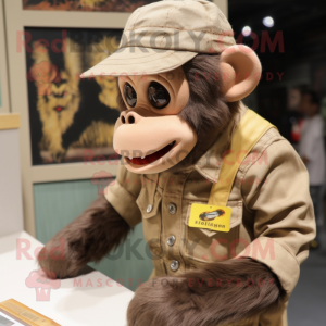 Tan Chimpanzee mascot costume character dressed with a Overalls and Lapel pins