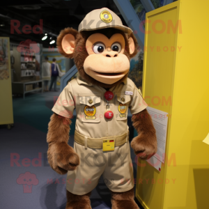 Tan Chimpanzee mascot costume character dressed with a Overalls and Lapel pins