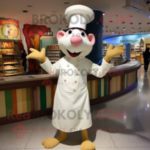 Cream Ratatouille mascot costume character dressed with a Dress Pants and Hats