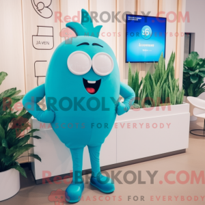 Maskotkarakter af en cyan...