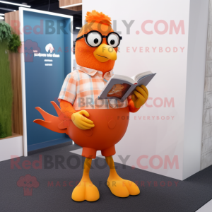 Orange Dove mascot costume character dressed with a Bootcut Jeans and Reading glasses