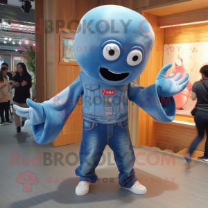 nan Octopus mascot costume character dressed with a Denim Shirt and Wraps