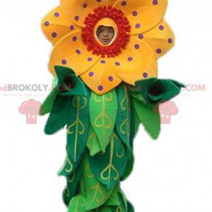 Beautiful yellow and red flower mascot with leaves -