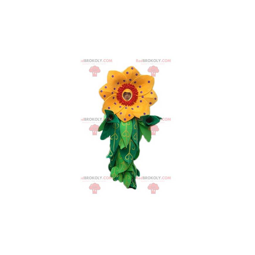 Lindo mascote de flores amarelas e vermelhas com folhas -