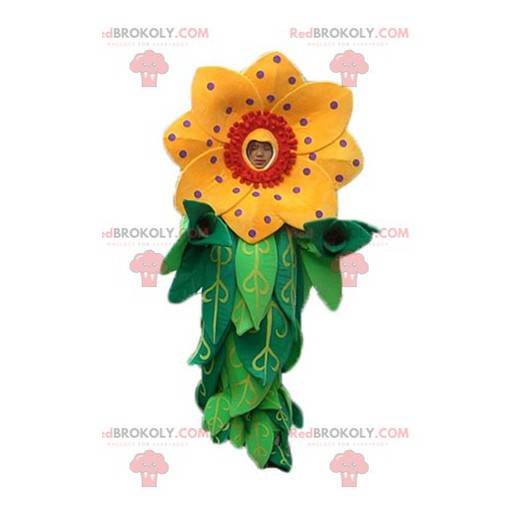 Smuk gul og rød blomstermaskot med blade - Redbrokoly.com