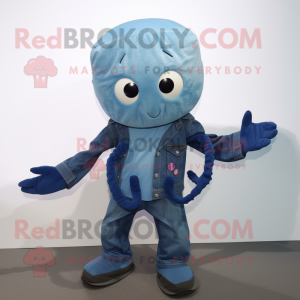 nan Octopus mascot costume character dressed with a Denim Shirt and Wraps