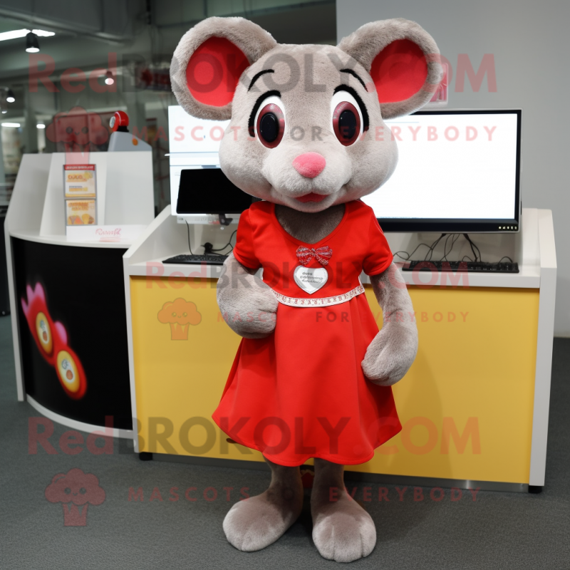 Red Mouse mascot costume character dressed with a Mini Dress and Keychains