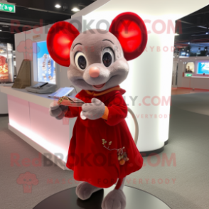 Red Mouse mascot costume character dressed with a Mini Dress and Keychains