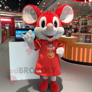 Red Mouse mascot costume character dressed with a Mini Dress and Keychains