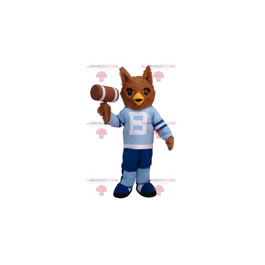 Bruine uil mascotte in blauwe outfit - Redbrokoly.com