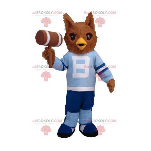 Braunes Eulenmaskottchen im blauen Outfit - Redbrokoly.com