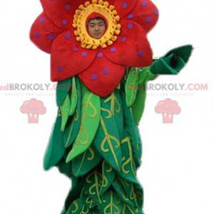 Lindo mascote de flores vermelhas e amarelas com folhas -