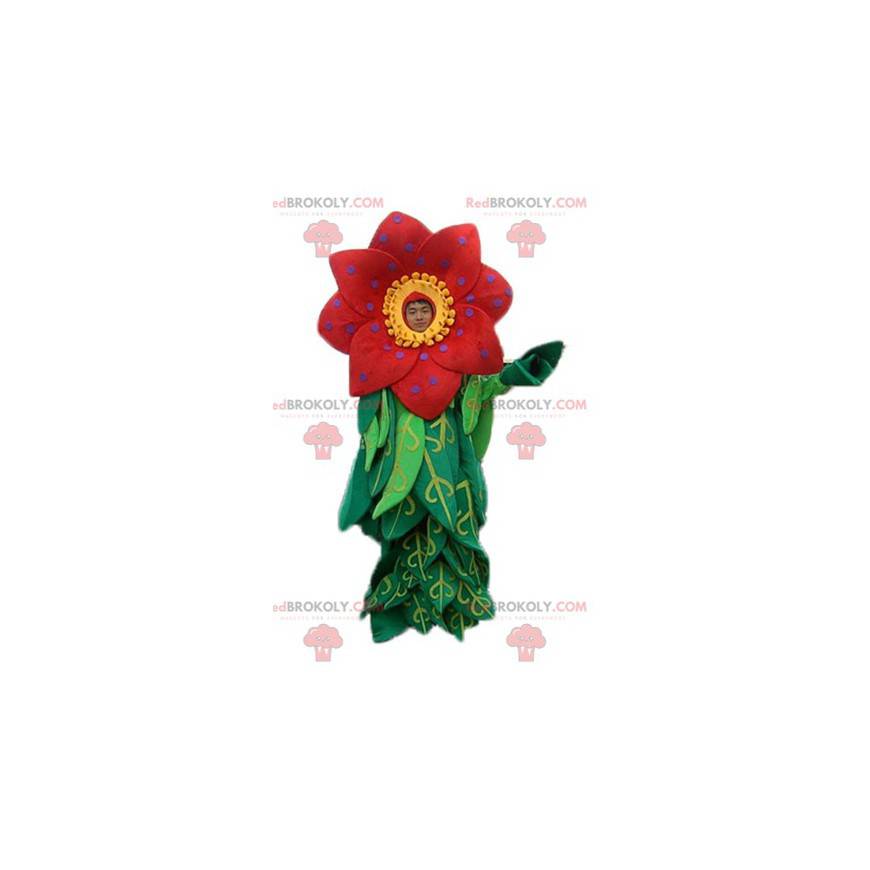 Beautiful red and yellow flower mascot with leaves -