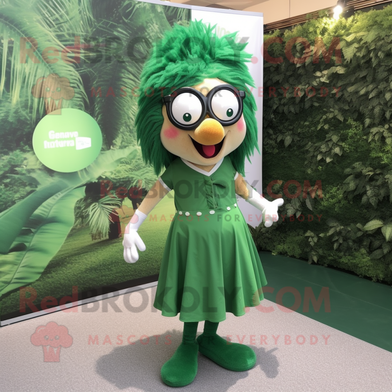 Forest Green Momentum mascot costume character dressed with a Skirt and Eyeglasses Forest Green Momentum mascot costume character dressed with a Skirt and Eyeglasses