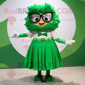 Forest Green Momentum mascot costume character dressed with a Skirt and Eyeglasses