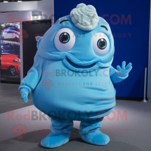 Sky Blue Oyster mascot costume character dressed with a Turtleneck and Hair clips