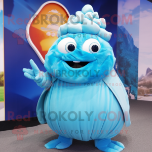 Sky Blue Oyster mascot costume character dressed with a Turtleneck and Hair clips