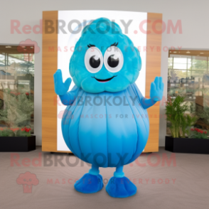 Sky Blue Oyster mascot costume character dressed with a Turtleneck and Hair clips