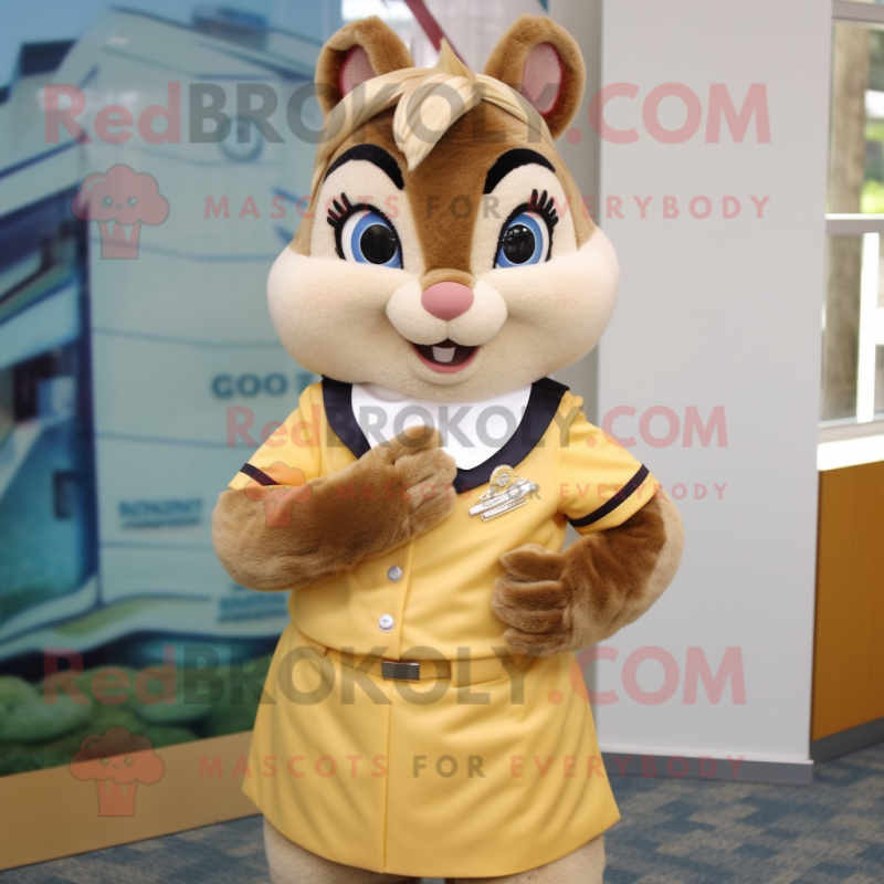 Gold Chipmunk mascot costume character dressed with a Pencil Skirt and Belts Gold Chipmunk mascot costume character dressed with a Pencil Skirt and Belts
