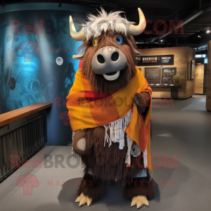 Rust Yak mascot costume character dressed with a Boyfriend Jeans and Shawl pins