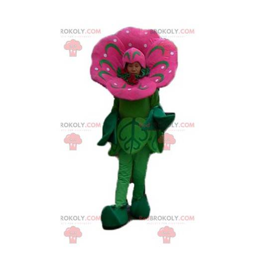 Imponerande och realistisk rosa och grön blommamaskot -