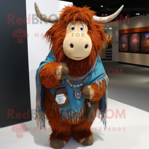 Rust Yak mascot costume character dressed with a Boyfriend Jeans and Shawl pins