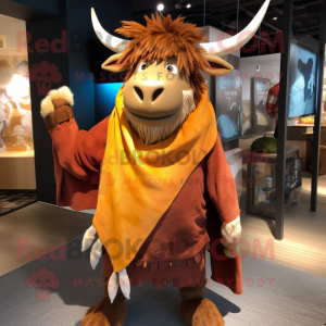 Rust Yak mascot costume character dressed with a Boyfriend Jeans and Shawl pins