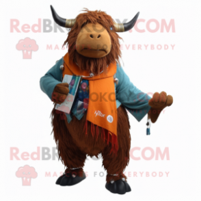 Rust Yak mascot costume character dressed with a Boyfriend Jeans and Shawl pins