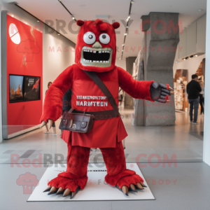 Red Frankenstein mascot costume character dressed with a Romper and Belts