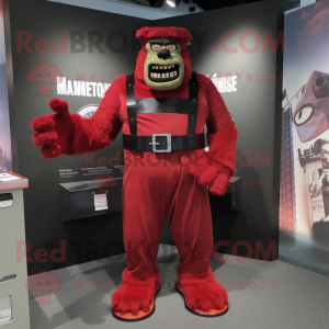 Red Frankenstein mascot costume character dressed with a Romper and Belts