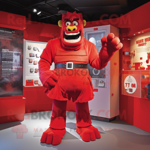 Red Frankenstein mascot costume character dressed with a Romper and Belts