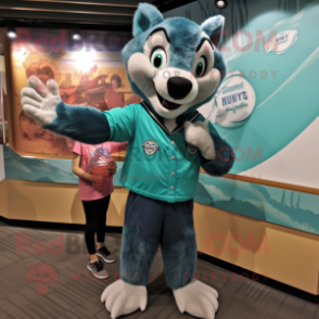 Teal Wolf mascot costume character dressed with a Blouse and Watches