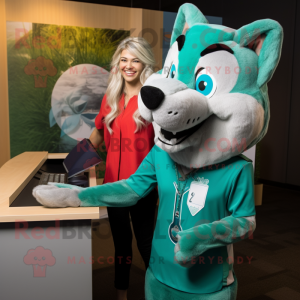 Teal Wolf mascot costume character dressed with a Blouse and Watches