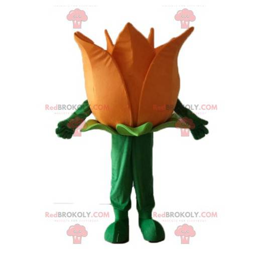 Mascotte piuttosto gigante arancione e fiore verde -