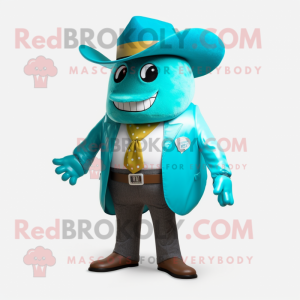 Turquoise Steak mascot costume character dressed with a Blazer and Hats