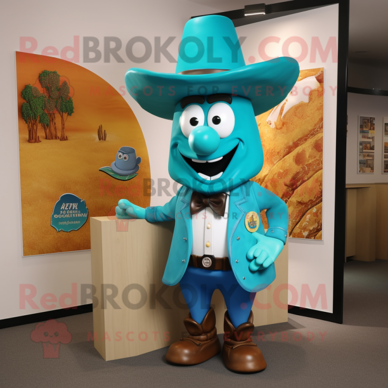 Turquoise Steak mascot costume character dressed with a Blazer and Hats