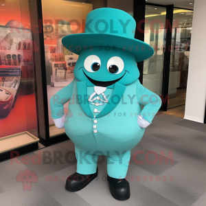 Turquoise Steak mascot costume character dressed with a Blazer and Hats