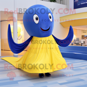 Yellow Blue Whale mascot costume character dressed with a Wrap Skirt and Rings