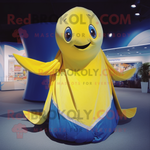 Yellow Blue Whale mascot costume character dressed with a Wrap Skirt and Rings