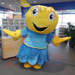 Yellow Blue Whale mascot costume character dressed with a Wrap Skirt and Rings