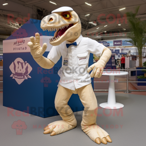 Cream T Rex mascot costume character dressed with a Oxford Shirt and Caps