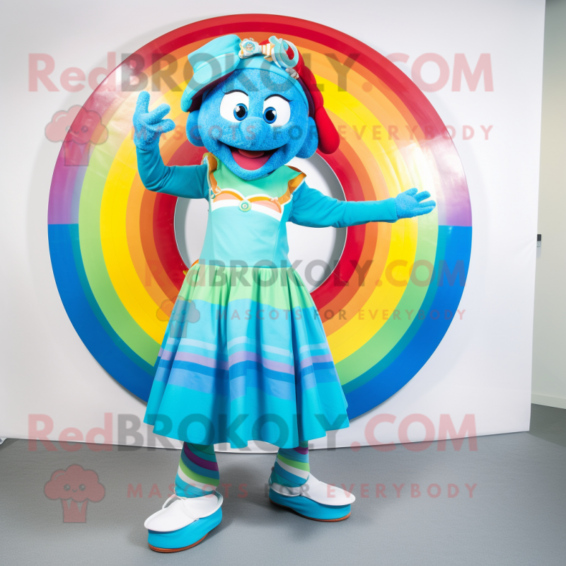 Turquoise Rainbow mascot costume character dressed with a Circle Skirt and Bracelets