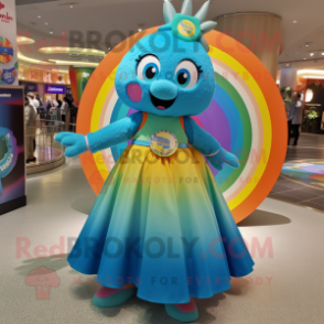 Turquoise Rainbow mascot costume character dressed with a Circle Skirt and Bracelets