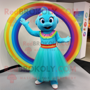 Turquoise Rainbow mascot costume character dressed with a Circle Skirt and Bracelets