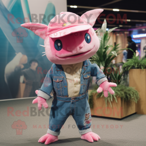 Pink Axolotls mascot costume character dressed with a Denim Shirt and Hat pins