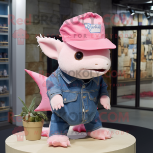 Pink Axolotls mascot costume character dressed with a Denim Shirt and Hat pins