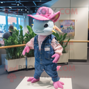 Pink Axolotls mascot costume character dressed with a Denim Shirt and Hat pins