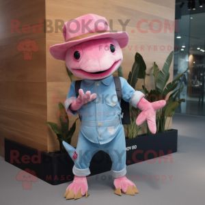 Pink Axolotls mascot costume character dressed with a Denim Shirt and Hat pins