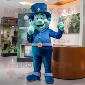 Blue Leprechaun mascot costume character dressed with a Trousers and Caps